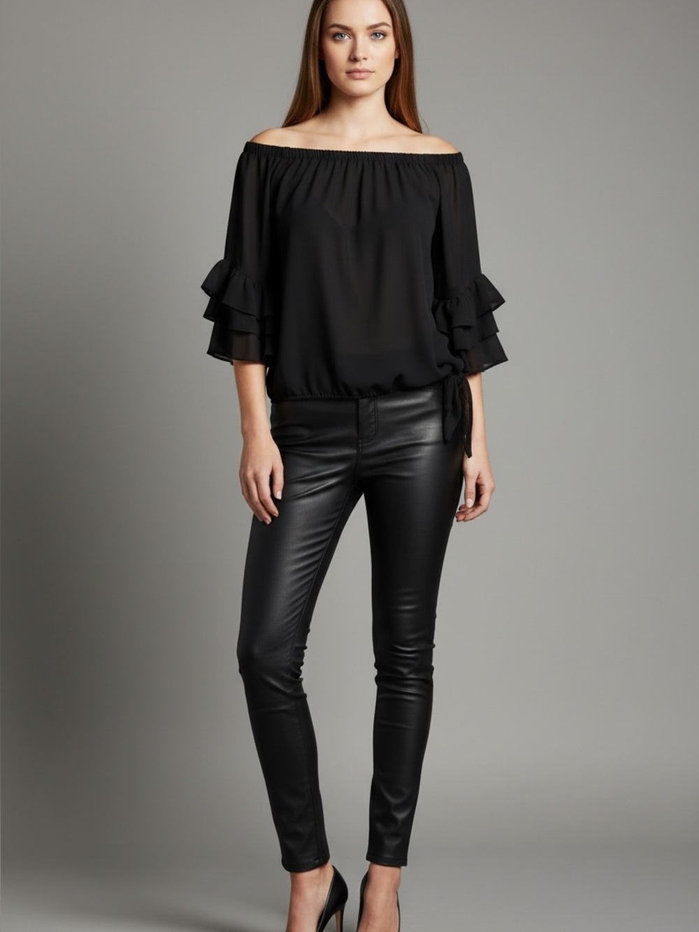 CeCe Black Off-Shoulder Ruffle Sleeve Top.